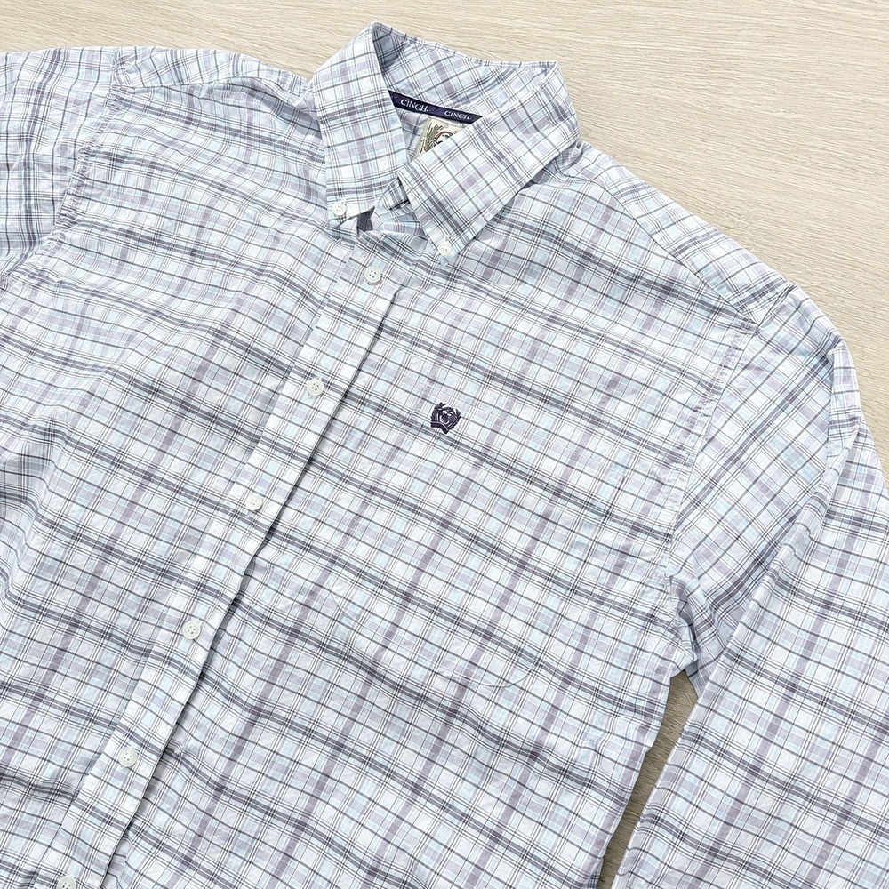 Cinch Purple Grey Plaid L/S Pocket Button Down Shirt Size L *READ*